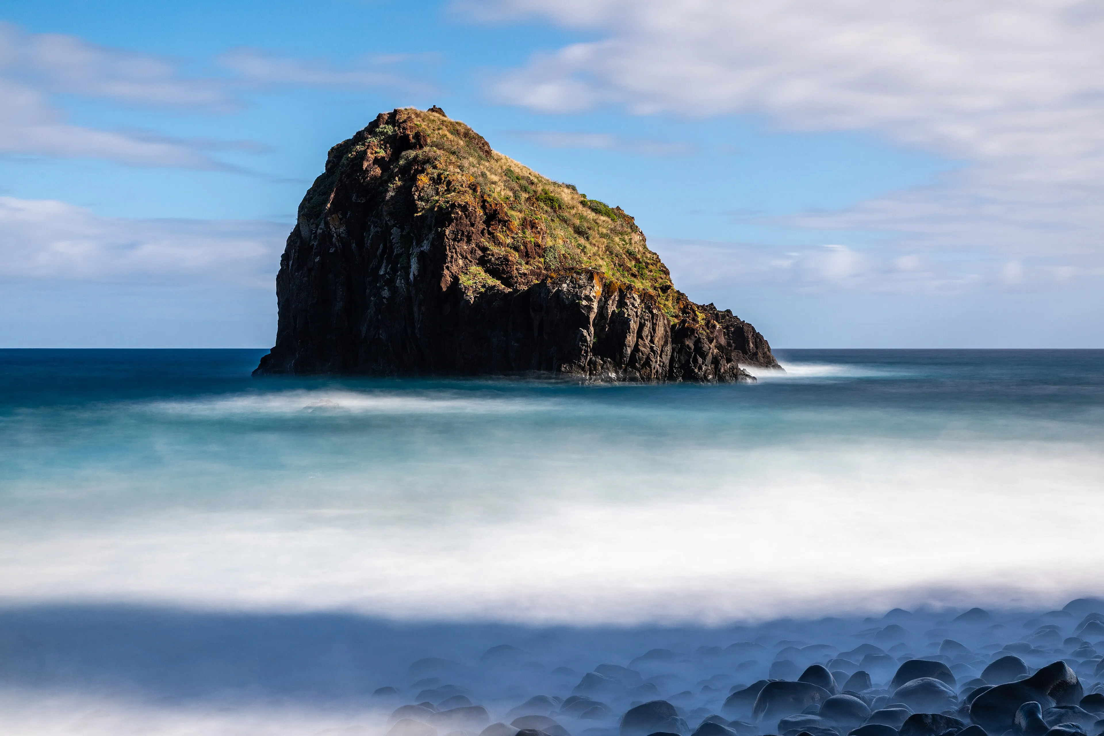 The sea stacks at the mouth of the Ribeira da Janela valley
